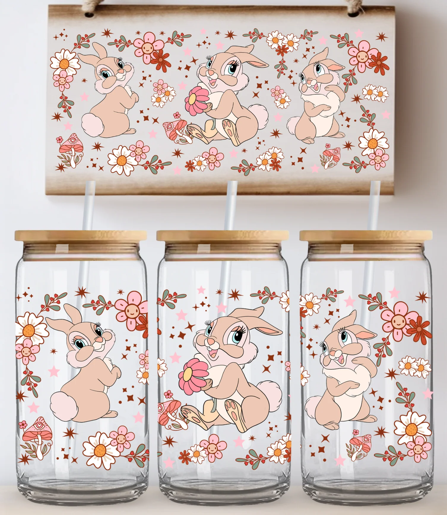 Bunny Floral UV DTF Glass Wrap