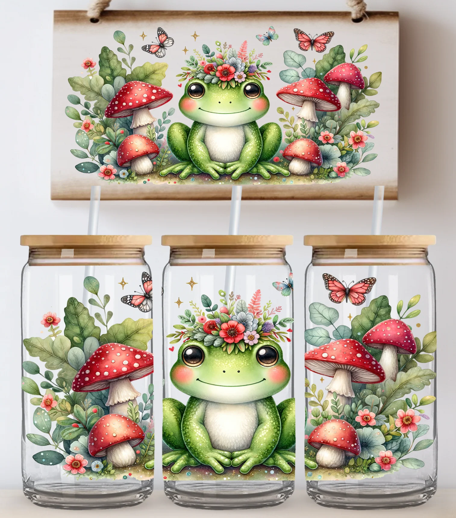 Frogs Mushrooms Glass Wrap
