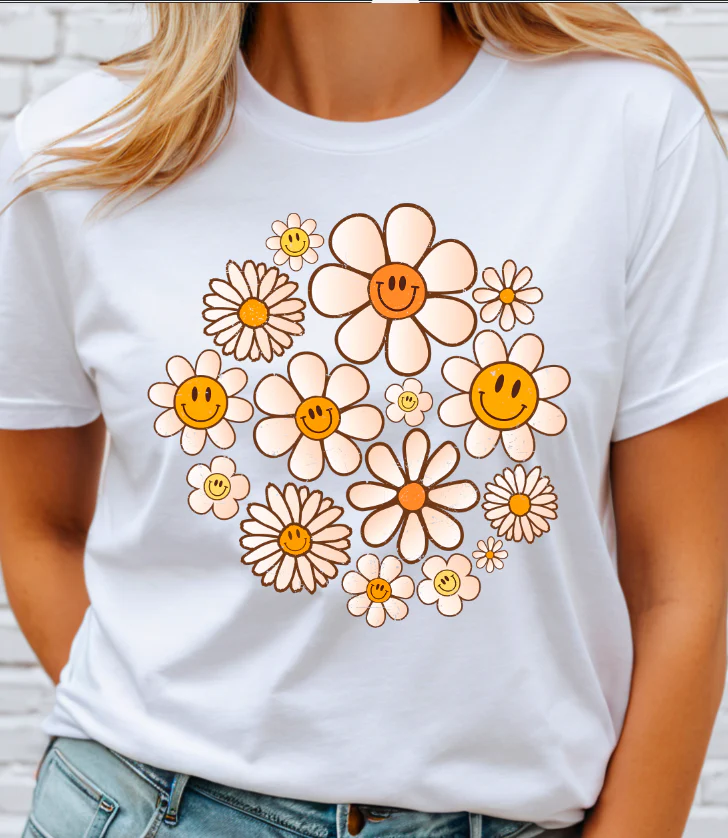 Happy Flowers distressed DTF Transfer