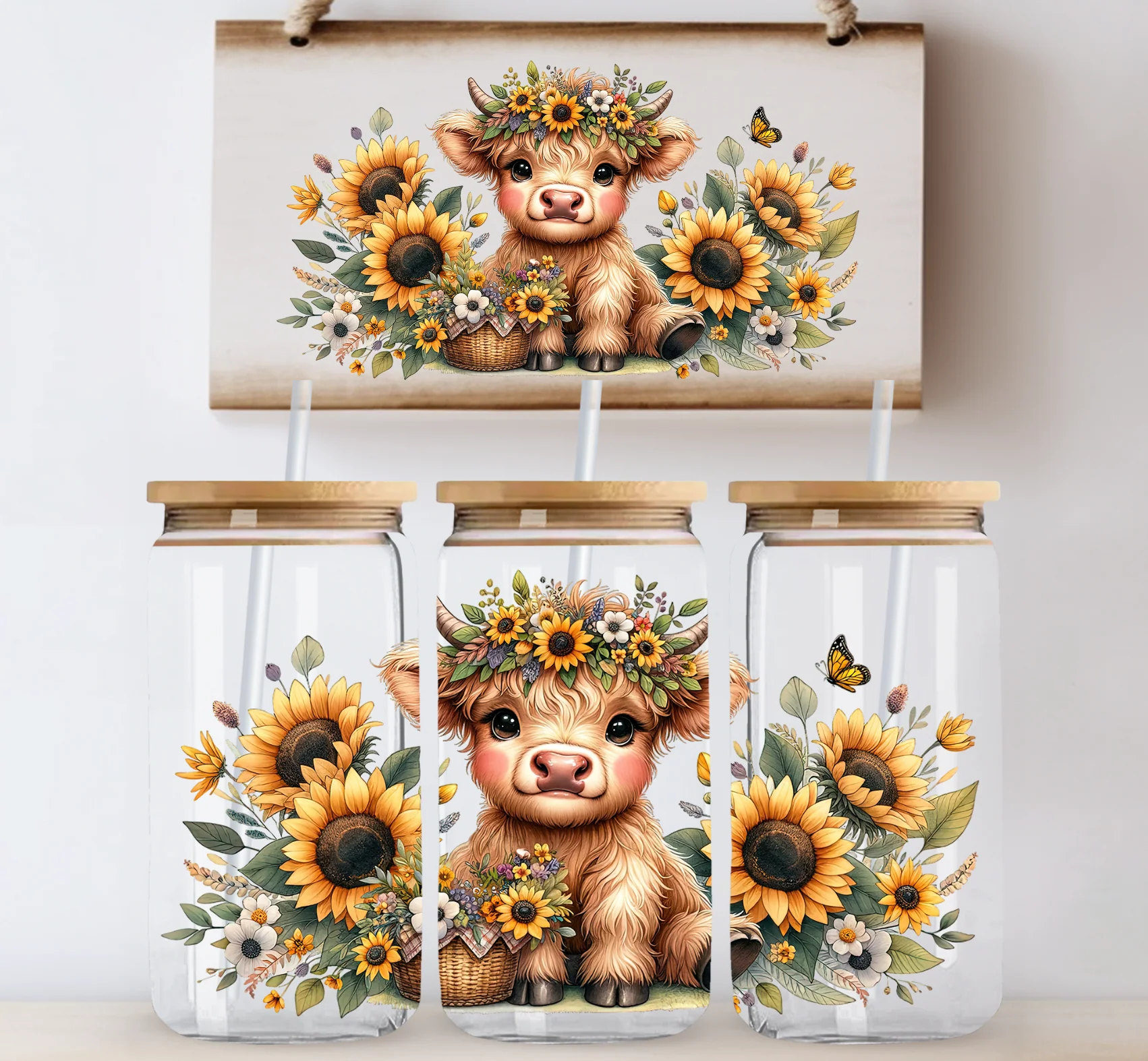 Highland Cow Sunflowers Glass Wrap